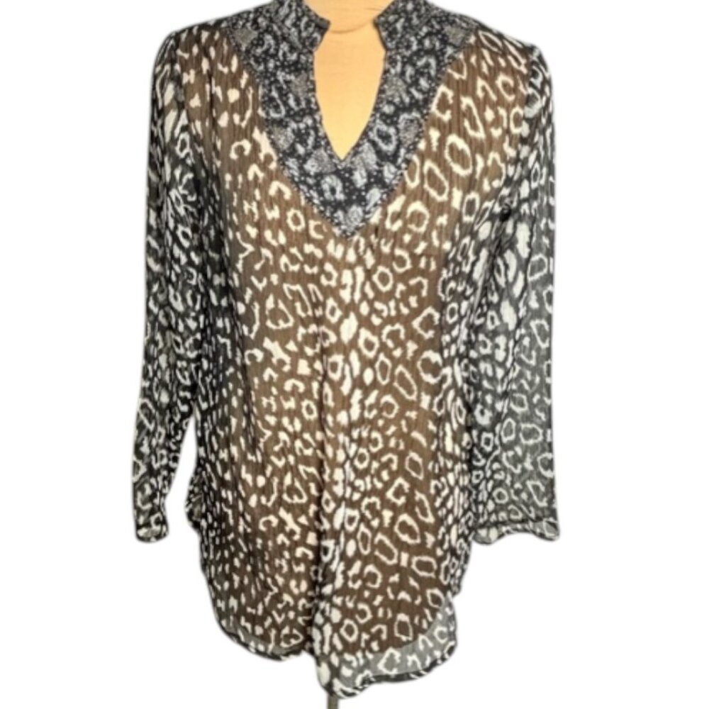 Sheer Leopard Print Tunic Top Embellished Neckline Lightweight Size S